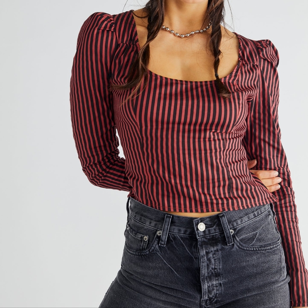 Free People Top Red Black Vintage Stripe Caroline Puff Sleeve Top Size XS
